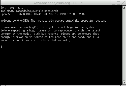 Inicio de una sesión con putty en pasosdeJesus.org