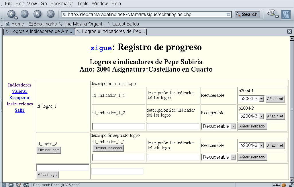 Ejemplo de edicin de logros e indicadores